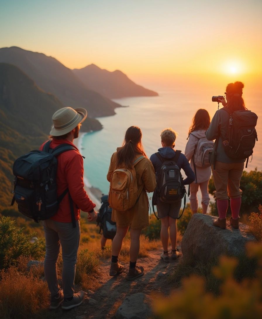 Travellers watching the sunset over a coastline
