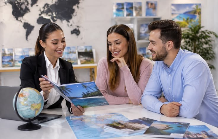 Travel advisors discussing a trip with a couple